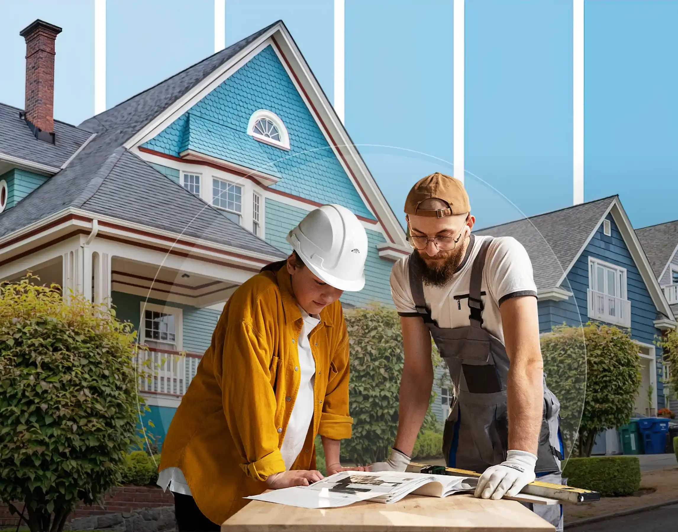 Roofing contractors reviewing blueprints in front of residential home in New Jersey
