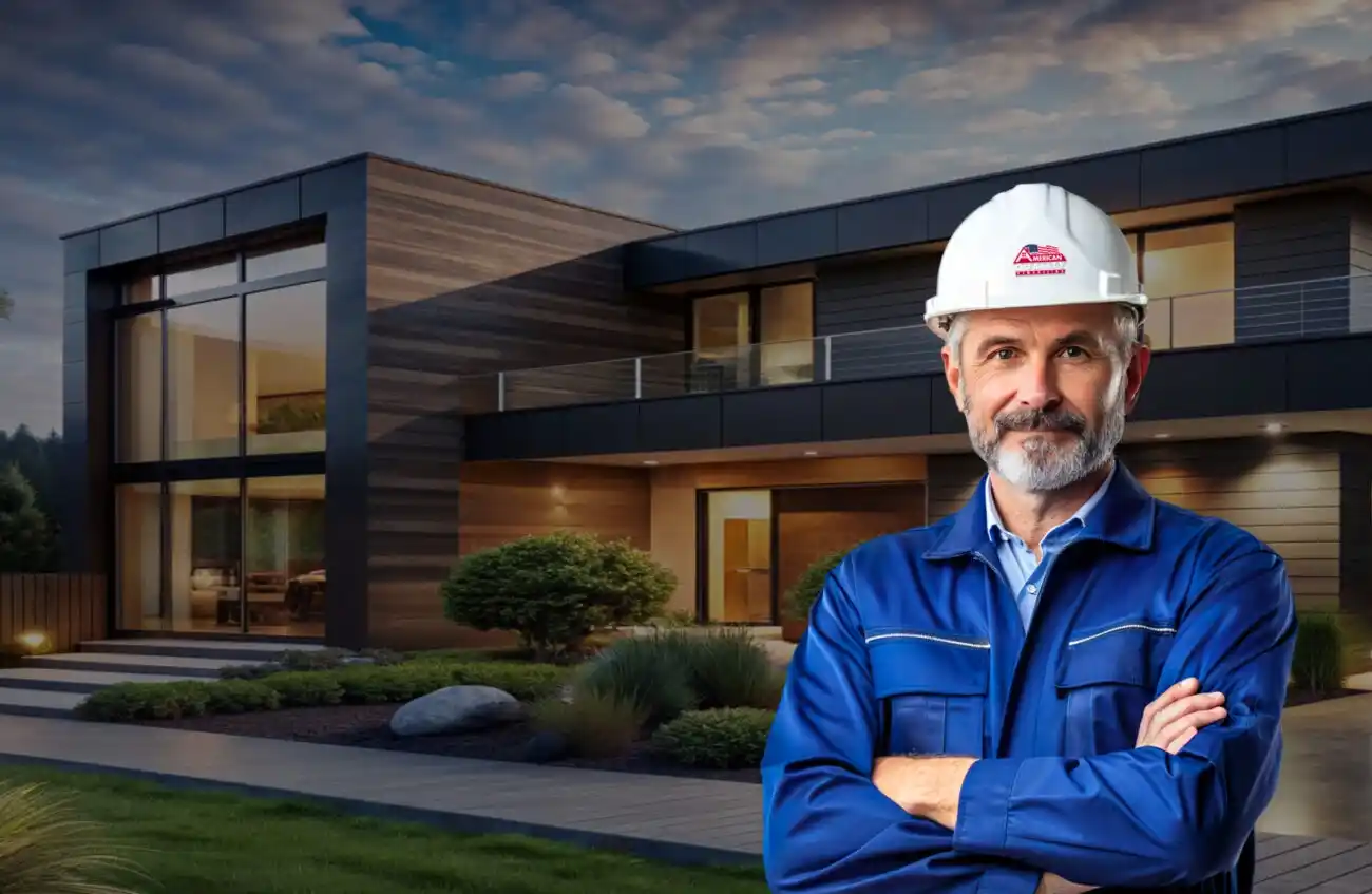 Experienced roofing contractor from American Quality Remodeling standing in front of modern home exterior