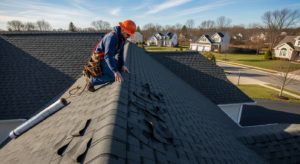 Roofer repairing damaged shingles on residential roof in NJ