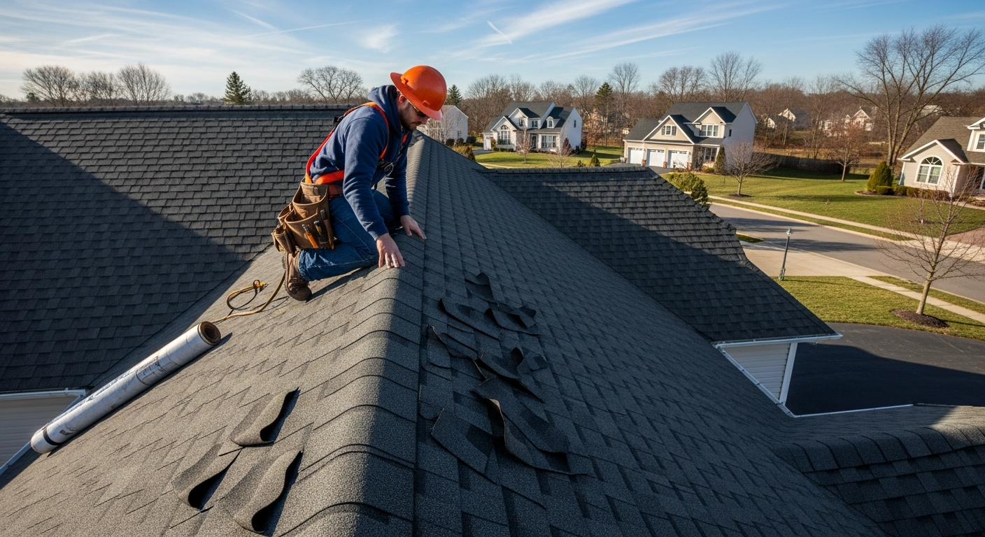 Roofer repairing damaged shingles on residential roof in NJ