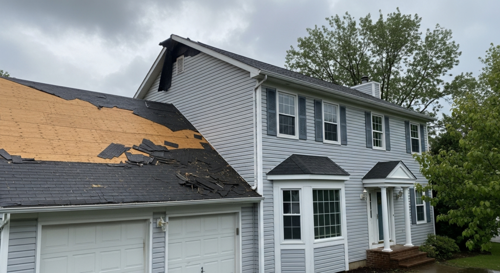 Storm-damaged roof with missing shingles exposing decking in New Jersey