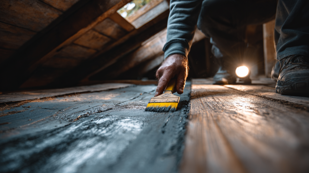 Applying roofing tar to fix leak from inside attic