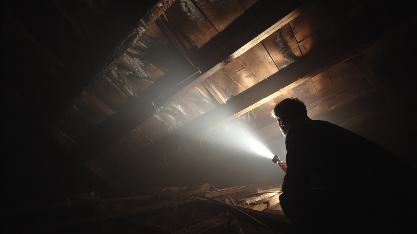 Homeowner using flashlight to locate roof leak in attic