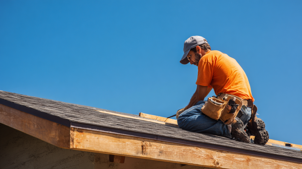 Professional roofer making permanent repair on exterior roof