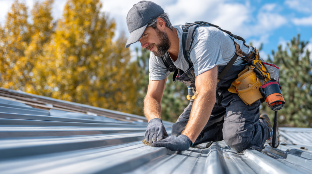 Roofer inspecting seams on standing seam metal roof