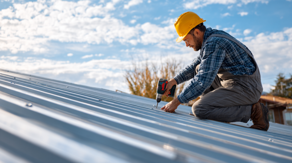 Contractor replacing screws on metal roof with power drill