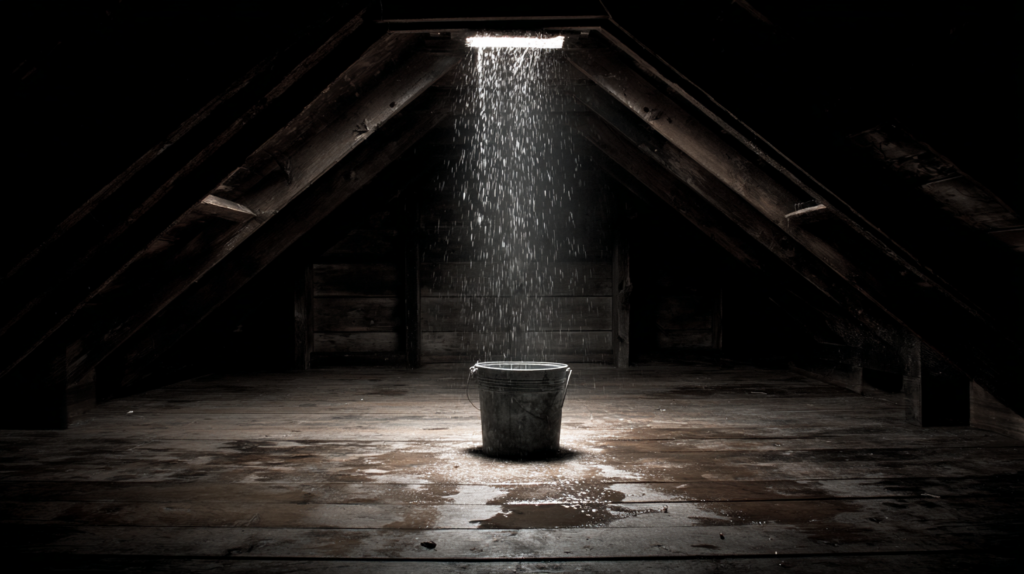 Bucket catching water from roof leak in attic